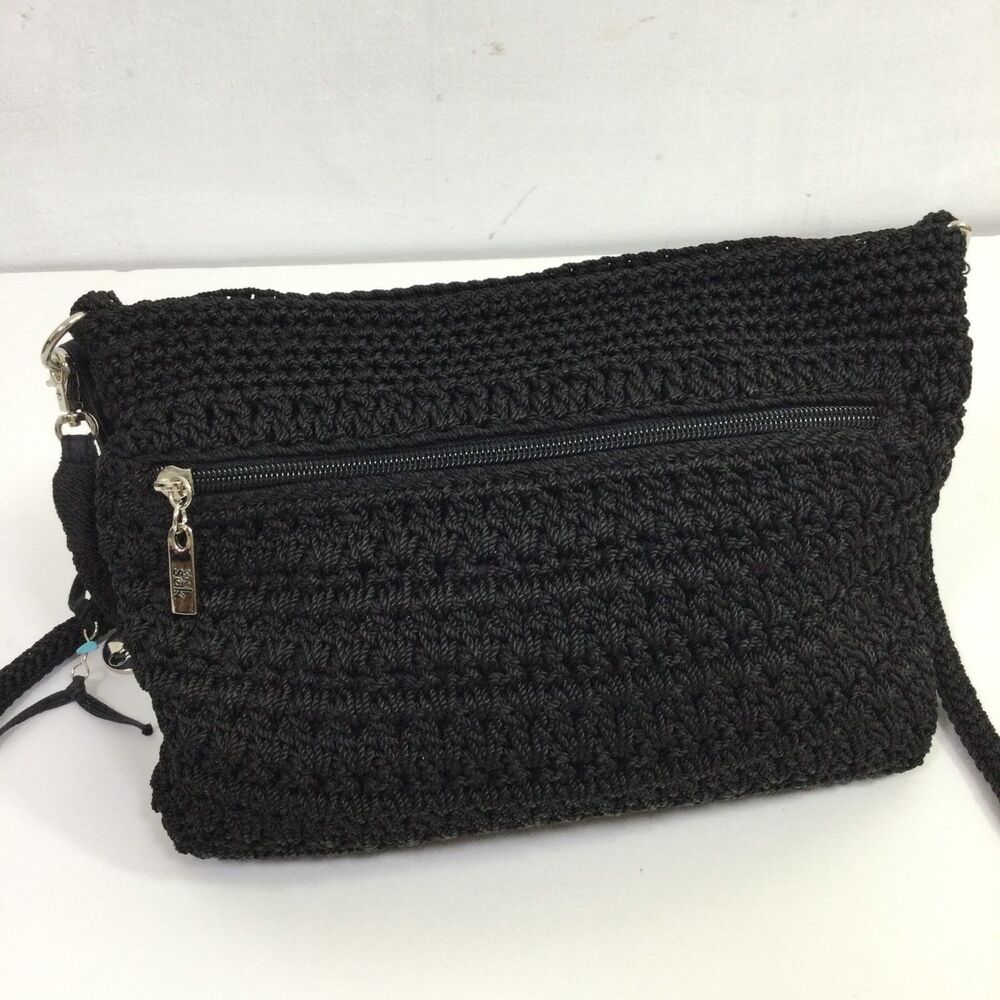 The Sak Black Hand Crochet Crossbody Bag Vintage Knit Purse Zip Top Silver Charm - Picture 4 of 12